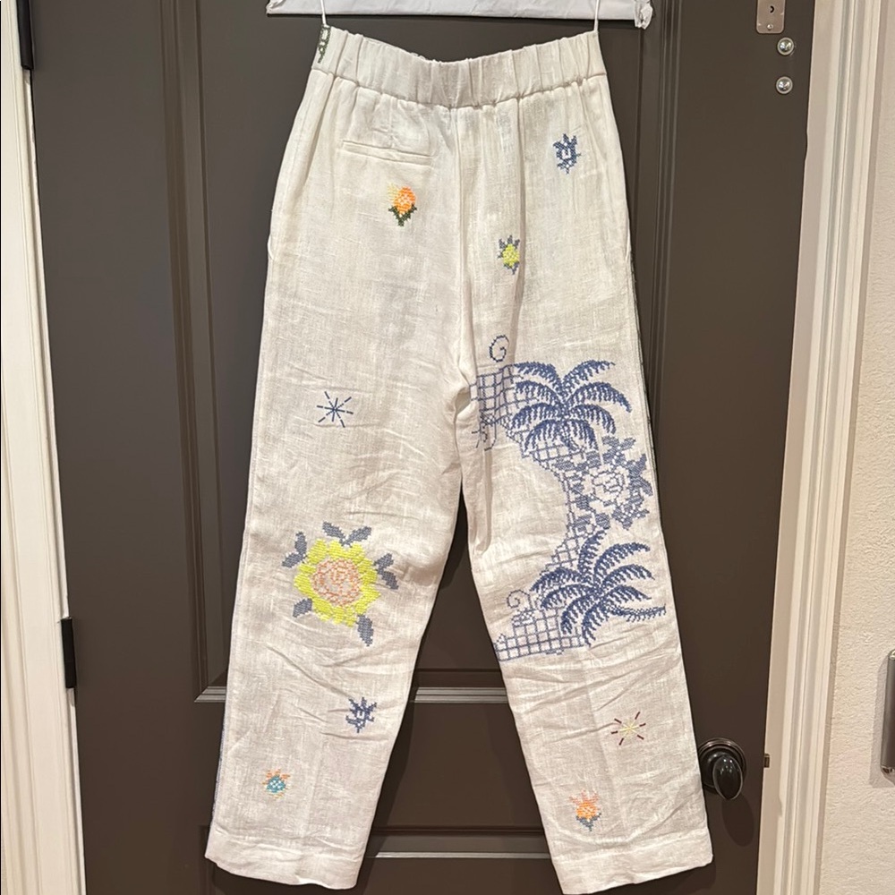 Embroidered White Linen Pants - Picture 2 of 2